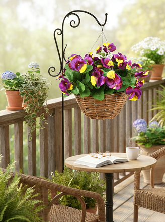 Flores y plantas colgantes con cesta